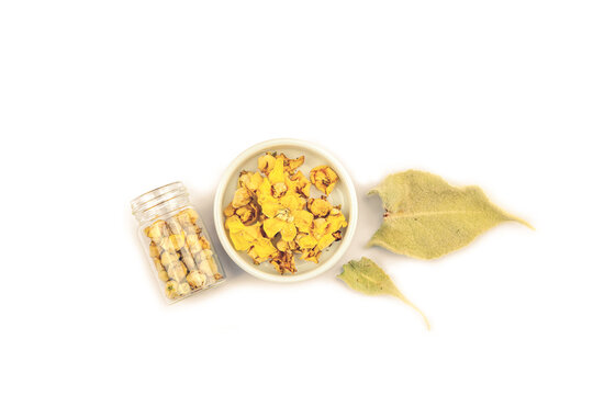 Verbascum thapsus dried flowers isolated on white background. Herbal plant for alternative medicine