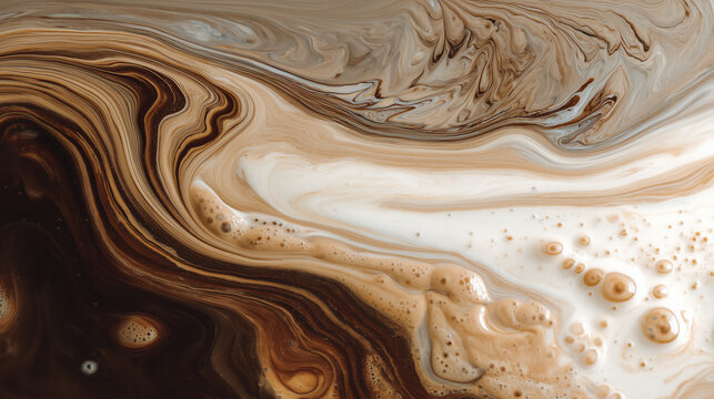 Abstract swirling patterns of brown and white liquids creating a marbled effect.