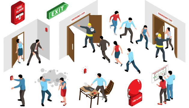 A vector graphic illustration of people evacuating a building during a fire emergency