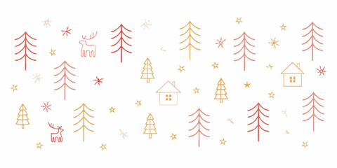 Stylized Pine Trees Reindeer And Houses Pattern On White Background © Lovely