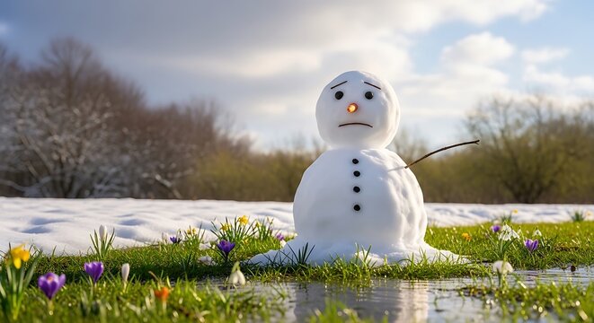 Sad cartoon snowman standing in a flower field by a lake