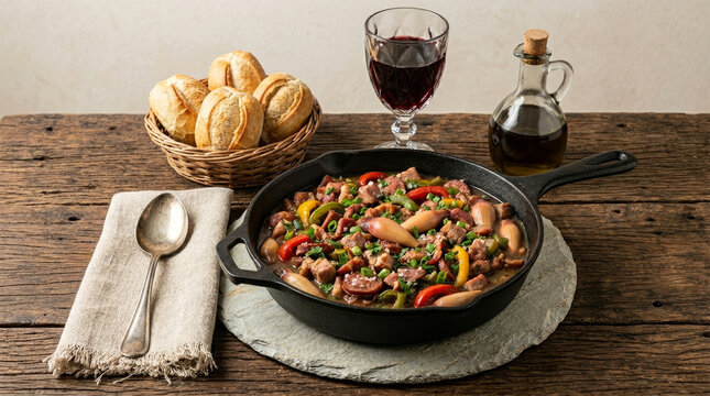 Entrevero de pinh&atilde;o com carnes em panela de ferro na mesa r&uacute;stica com vinho e cesta de p&atilde;es