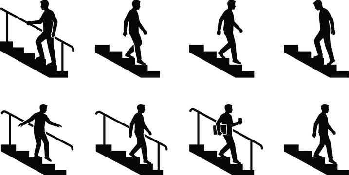 Man Walking Up and Down Stairs Black Silhouette Vector Icon Set for Architectural Wayfinding