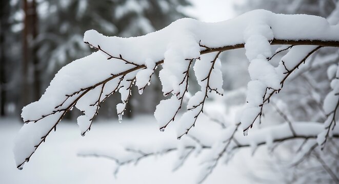 Snow covered branches with light dusting of fresh snow in winter forest