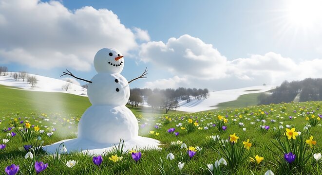 Smiling snowman standing in a colorful flower field with blue sky
