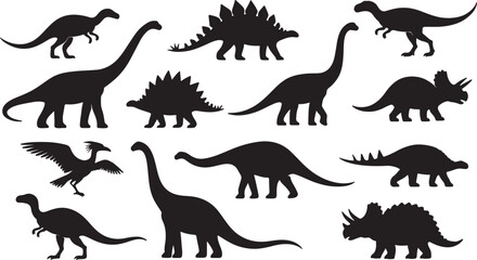 Obraz premium Prehistoric dinosaur silhouettes set for design projects. Vector collection of ancient reptile outlines on transparent background.