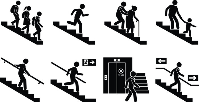 Staircase Safety and Emergency Evacuation Black Silhouette Vector Icon Set for Wayfinding Signage