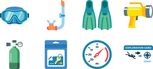 Scuba Diving Equipment and Underwater Exploration Gear Flat Vector Icon Set Featuring Mask Snorkel Fins and Oxygen Tank © mstlipibegum