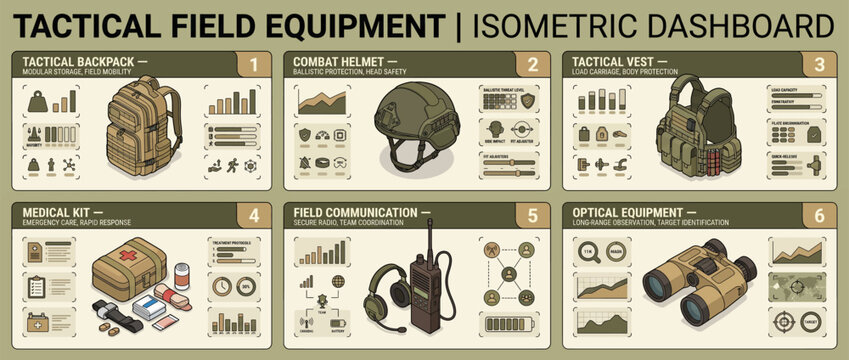 Isometric Dashboard Displaying Tactical Field Equipment and Military Gear.