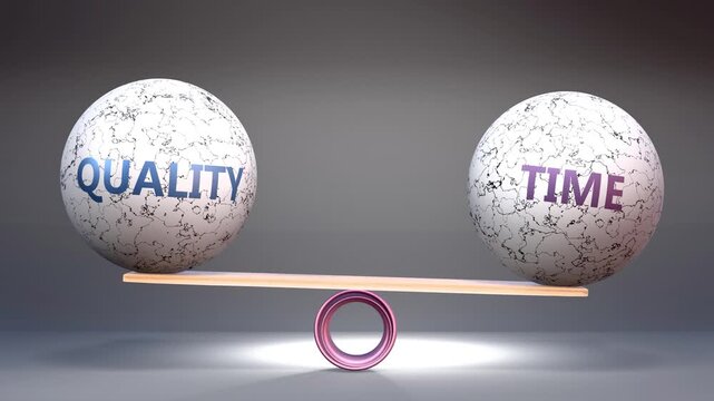 Quality and time in balance - balancing stones on a scale symbolizing harmony, equity and equilibrium between quality and time. Harmonious and beneficial situation.