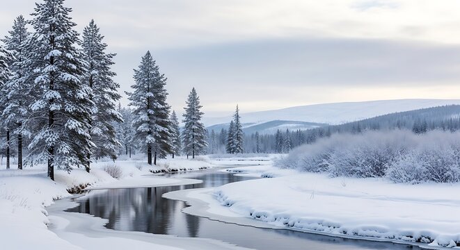 Snow-covered forest scene with frozen stream and tall pine trees in winter landscape