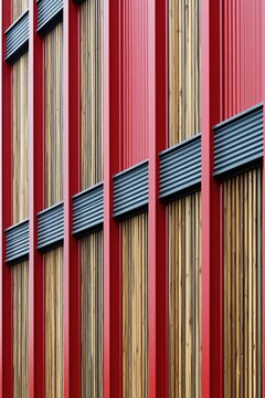 Modern building facade with abstract pattern of red corrugated steel, wooden slats. Vertical frame structure shows geometric contrast between metal texture, brown wood surface. Exterior architectural