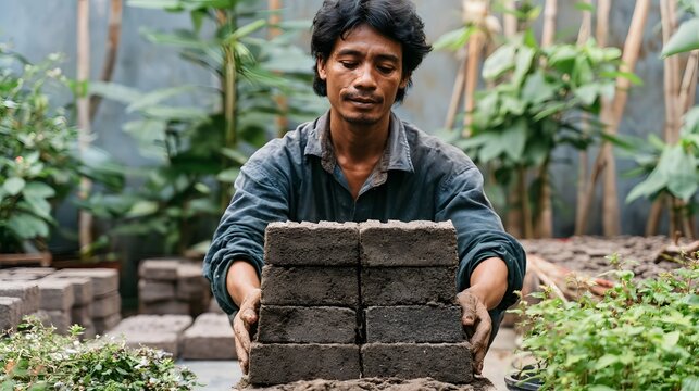 A man carefully holds a stack of handmade bricks surrounded by lush green plants and natural materials