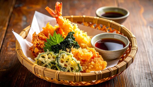 Golden Crispy Japanese Tempura Platter with Shrimp Ebi and Vegetables Served in Bamboo Basket