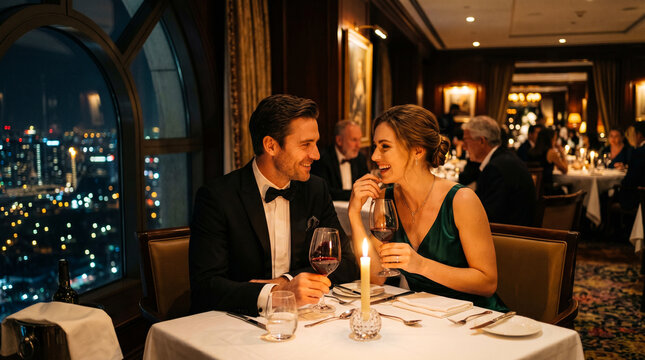 Couple having a romantic dinner at a restaurant. Elegant pair enjoying wine in city view.