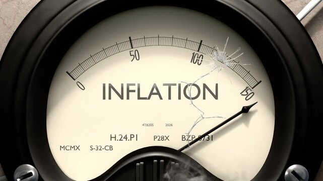 Inflation meter showing big levels of inflation. Dangerously increasing high values of inflation, critical overload. Too much, off the charts. Max inflation