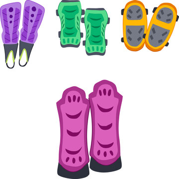 Diverse collection of protective gear including shin guards, knee pads, and elbow pads, illustrating essential safety equipment for various sports activities and preventing injuries