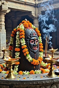 Black stone Shivling decorated with orange marigold garlands inside stone temple. Traditional brass oil lamps burn around deity icon during Maha Shivratri festival. Incense sticks create holy smoke