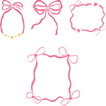 Collection of hand drawn pink ribbon illustrations forming elegant design elements, including various frames, border designs, and decorative bows, creating a charming and cute aesthetic