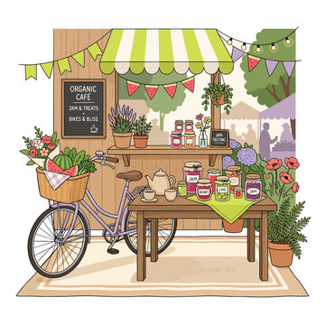 Outdoor caf patio with vintage furniture and plants in summer.