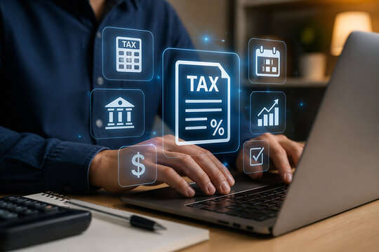 A person in a suit is working on a laptop with glowing digital icons related to finance and taxes displayed around it.