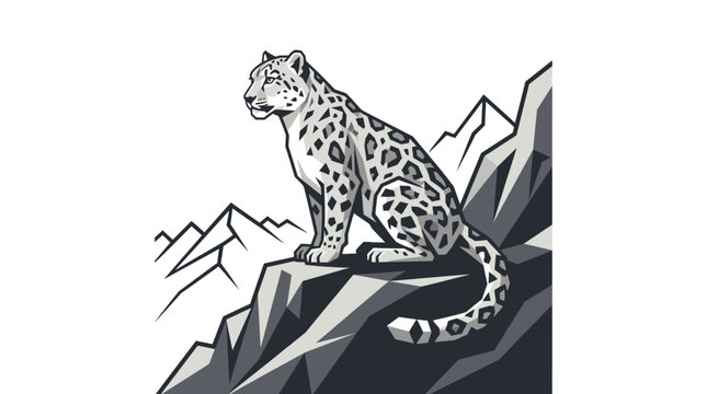 Vector illustration of a snow leopard standing on a rocky mountain isolated on white background