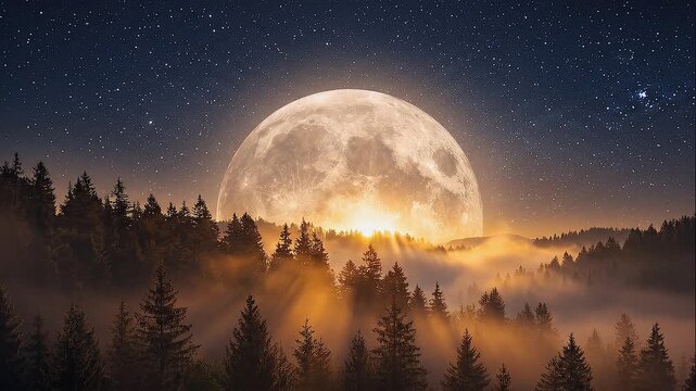 Luna llena iluminando un bosque en una noche tranquila con ambiente m&aacute;gico y natural.