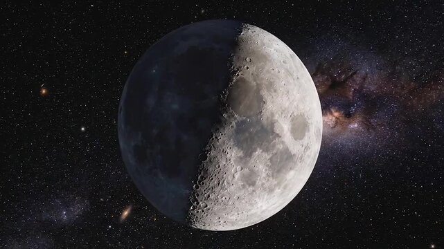 luna en fase creciente con cr&aacute;teres visibles sobre fondo negro nocturno.