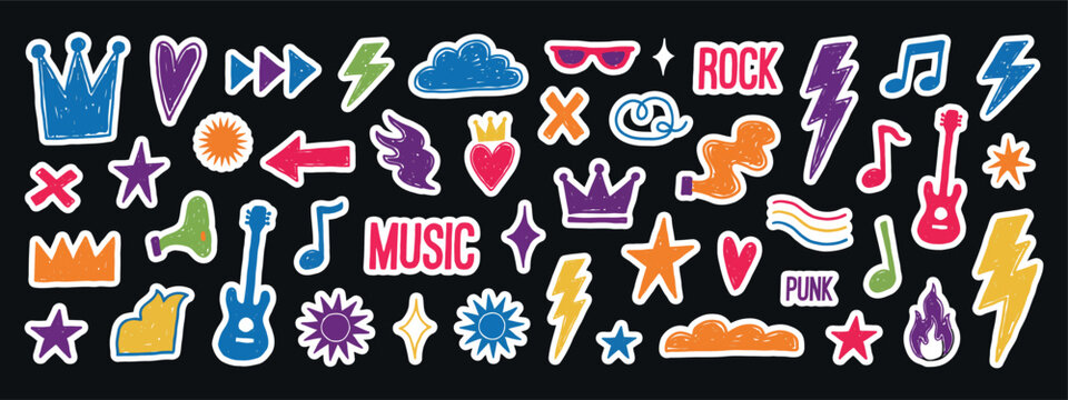 Musical motifs and symbols hand drawn vector illustration with vibrant hues