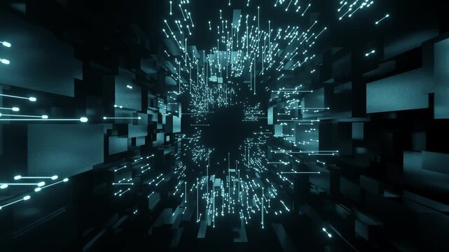 Seamless loop motion background depicting fast digital data transfer, cyber space processing, cloud server computing, and high-tech network infrastructure in a blue tunnel.