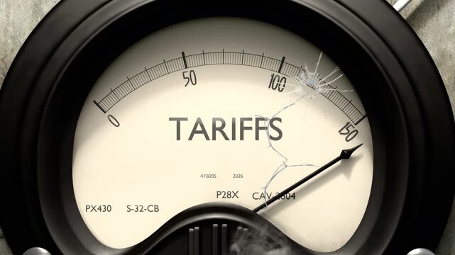 Tariffs meter showing big levels of tariffs. Dangerously increasing high values of tariffs, critical overload. Too much, off the charts. Max tariffs