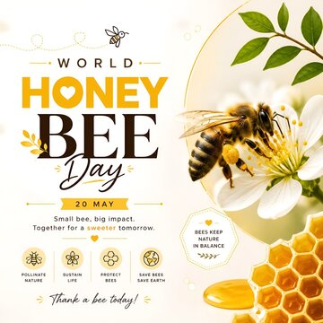 World honey bee day promotional card design featuring a busy bee on a flower and honeycomb pollination environment conservation wildlife template