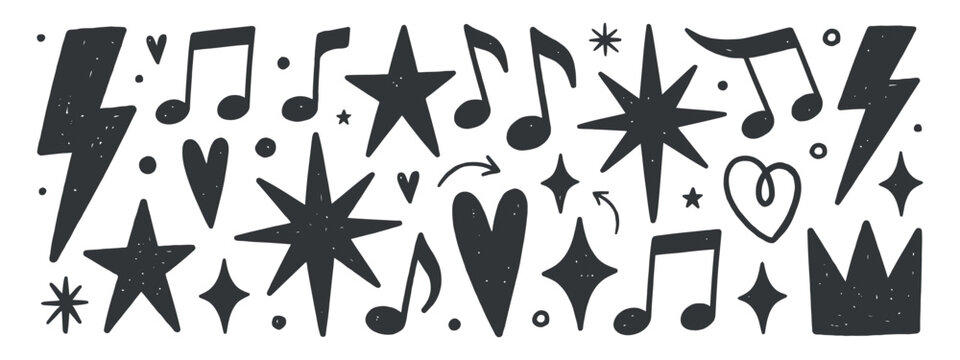 Musical note assortment and star shapes hand drawn vector illustration music