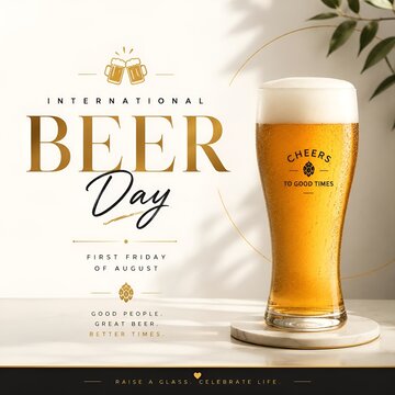 International beer day celebration post featuring cold glass of golden lager beer with foam and condensation bubbles international beverage
