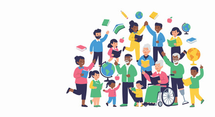 Fototapeta premium Flat vector illustration of diverse people group reading books together, representing lifelong learning concept. Diverse characters group reading books together for education banner, school poster,