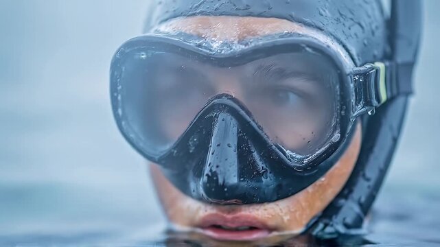 Close-up of diver in wet mask with water droplets