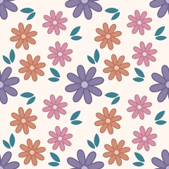 Fototapeta premium Retro Daisy Floral Seamless Pattern with Colorful Flowers and Leaves