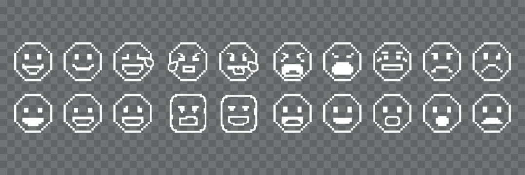 Pixelated Face Icons With Various Expressions On Transparent Backdrop