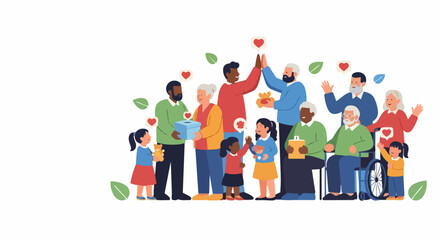 Fototapeta premium Family volunteering vector concept with diverse people helping community. Family volunteering vector illustration showing generous individuals. Family volunteering vector template for banner.