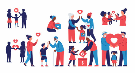 Fototapeta premium Charity vector concept with volunteers helping people and sharing love in flat illustration. Charity vector graphics feature diverse community support. Concept charity vector for social campaign.