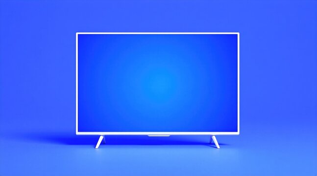 Modern flat screen television stands on surface against blue backdrop. Large digital display monitor provides clean space for media content. Sleek electronic device features minimalist design for