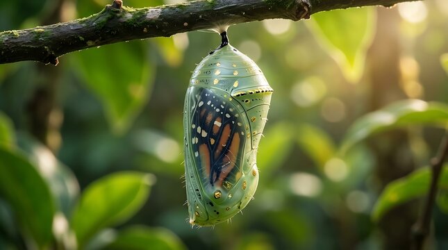 Monarch butterfly chrysalis hanging from a green branch in sunlight
