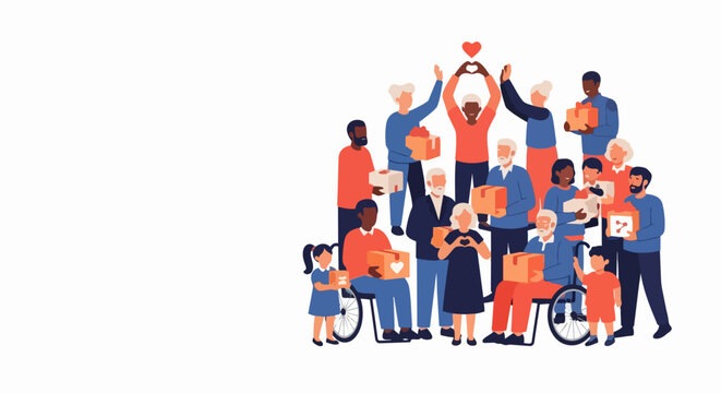 Community support vector illustration featuring diverse volunteers holding donation boxes together. Flat community support graphic showing helpful people and elderly care.