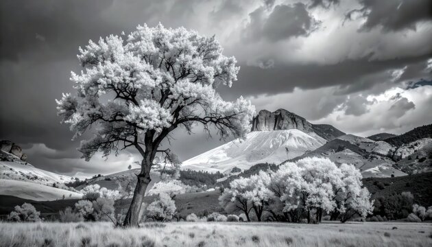 Dramatic Infrared Landscape with Lone Tree and Mountain Peaks