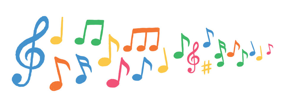 Colorful musical notes and clef illustration with varied shapes and hues