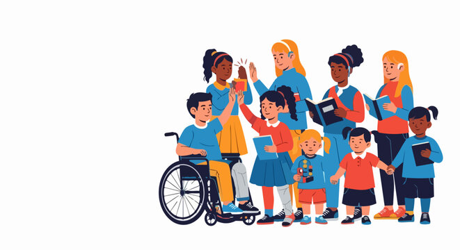 Inclusive education vector group of diverse children with disabled student in wheelchair studying together. Inclusive education illustration includes diverse pupils learning with books and teacher.
