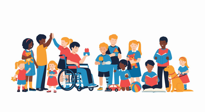 Inclusive education vector illustration showing diverse children group with disability in wheelchair learning together.