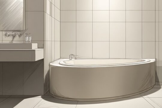 Hand-drawn bath illustration showing a sleek solid-surface tub in a contemporary bathroom setting