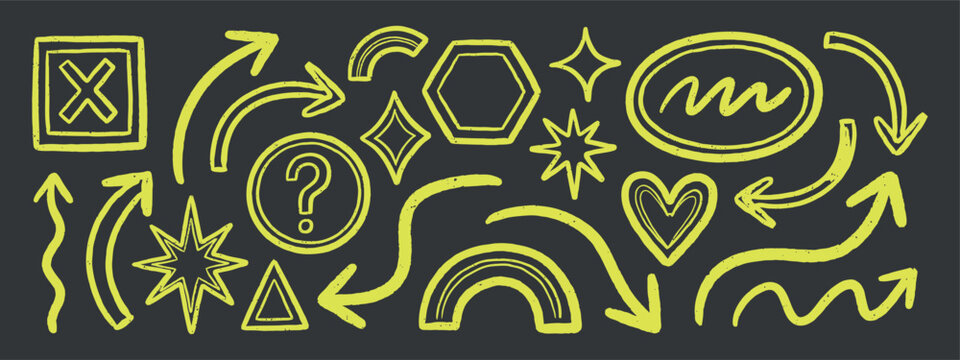 Hand drawn yellow scribbles featuring arrows shapes and question marks on dark gray