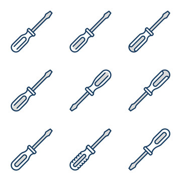 Collection of Nine Different Screwdriver Icons.